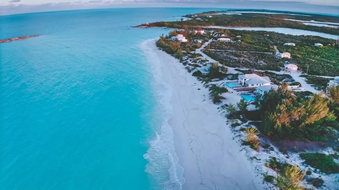 Stunning aerial view of a pristine Bahamas island paradise.