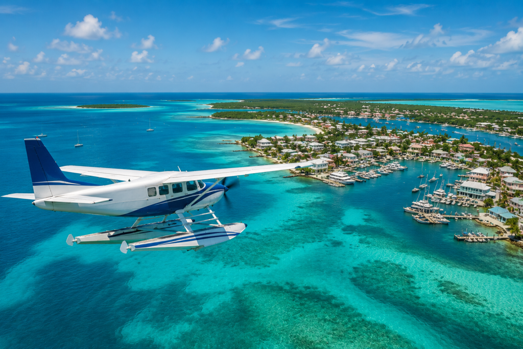 Seaplane flying over turquoise Abaco Islands Bahamas waters
