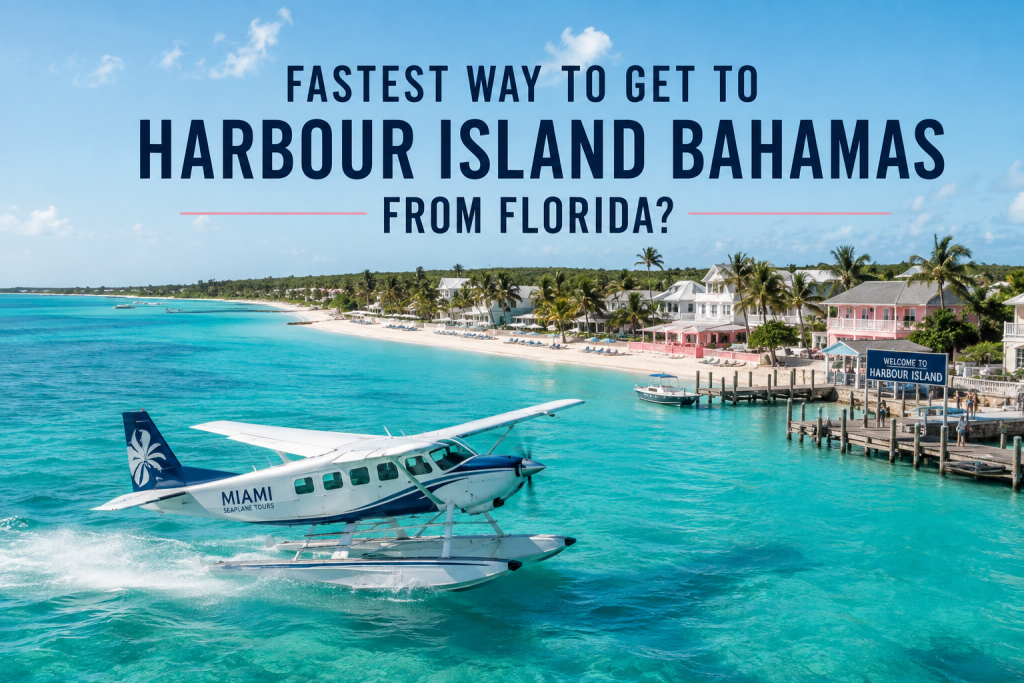 Seaplane flying toward Harbour Island Bahamas from Florida coastline