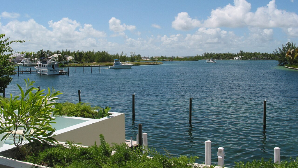 Treasure Cay marina view with boats, palms, and sky.