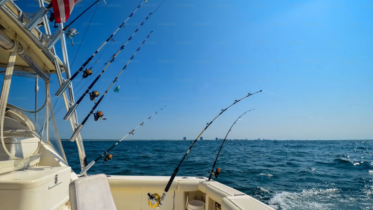 Sportfishing boat trolling offshore with rods across blue waters.